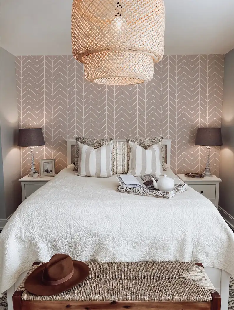Residential wallpaper installation with geometric pattern